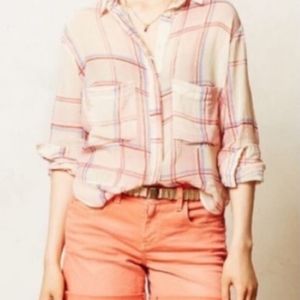Anthropologie Holding Horses Plaid Button Front Blouse Top Shirt Size Large